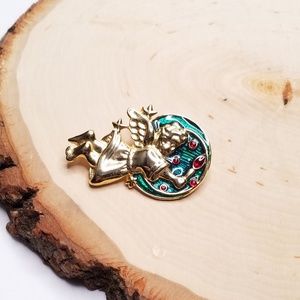Vtg Gold Angel Cherub Star Christmas Candle Brooch